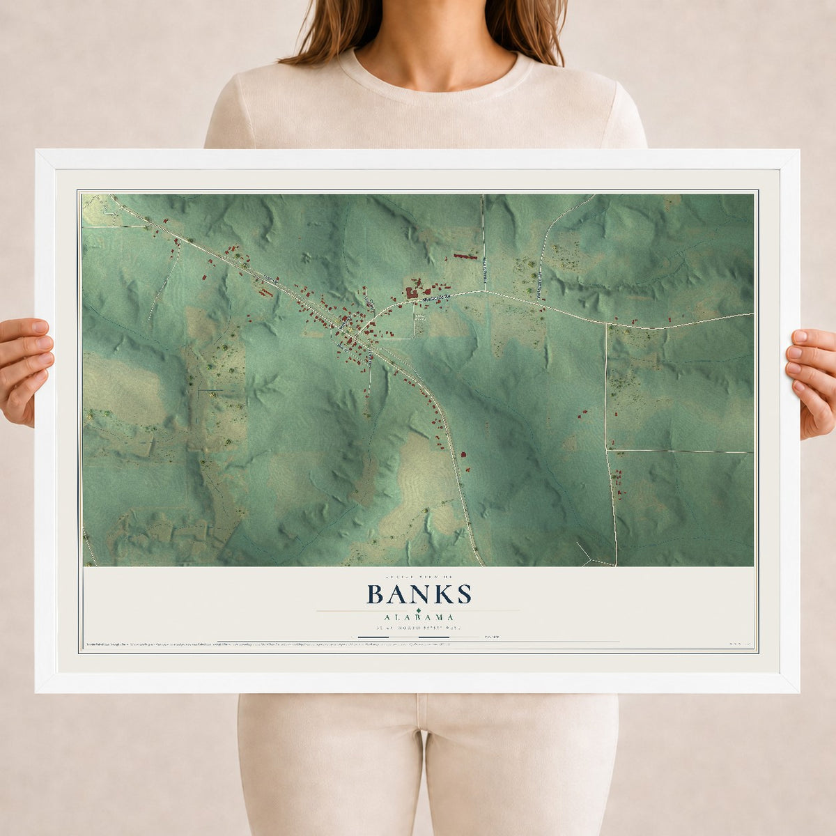 Map of Banks, Alabama, 18 x 24 inch print in a white wood frame
