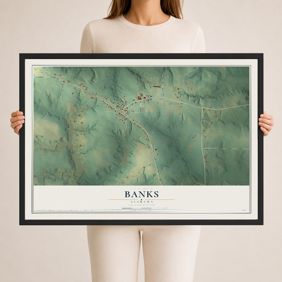 Map of Banks, Alabama, 24 x 36 inch print in a black wood frame