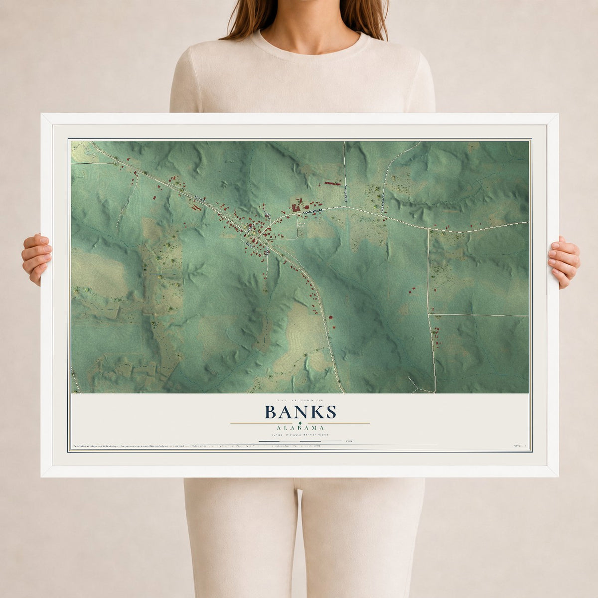Map of Banks, Alabama, 24 x 36 inch print in a white wood frame
