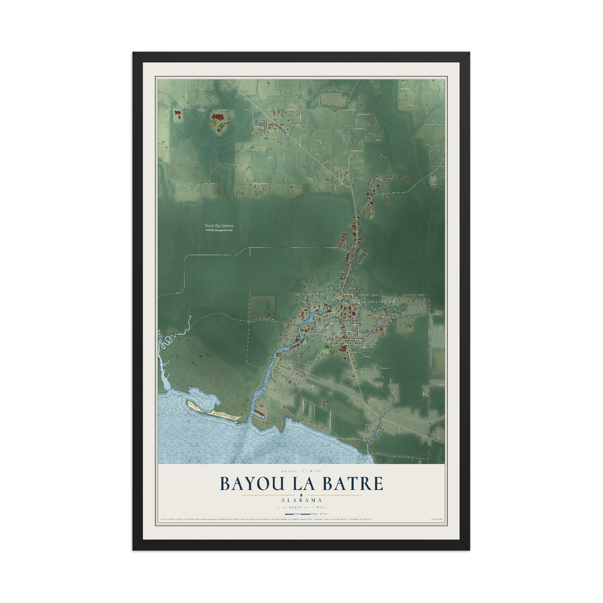 Map of Bayou La Batre, Alabama, 12 x 18 inch print in a black wood frame