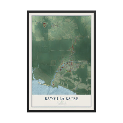 Map of Bayou La Batre, Alabama, 12 x 18 inch print in a black wood frame