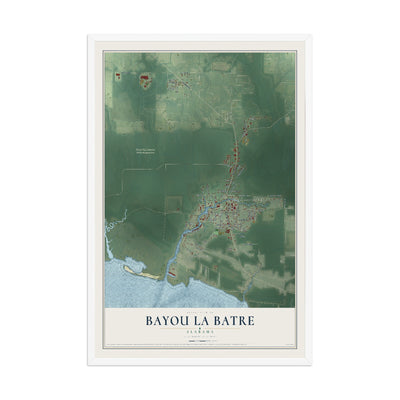 Map of Bayou La Batre, Alabama, 12 x 18 inch print in a white wood frame