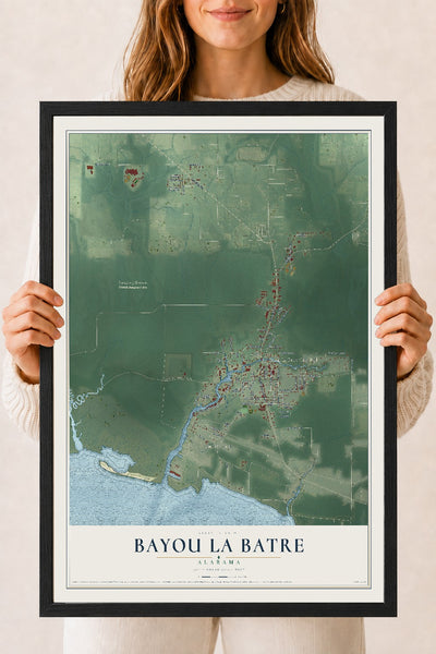 Map of Bayou La Batre, Alabama, 18 x 24 inch print in a black wood frame