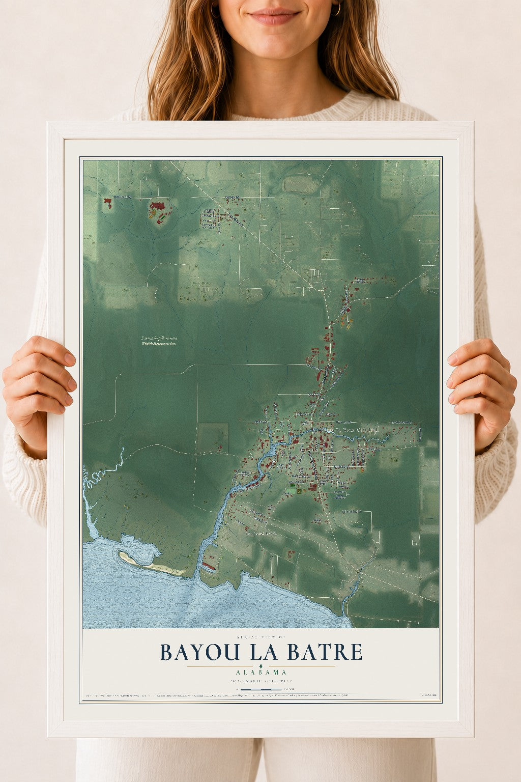 Map of Bayou La Batre, Alabama, 18 x 24 inch print in a white wood frame