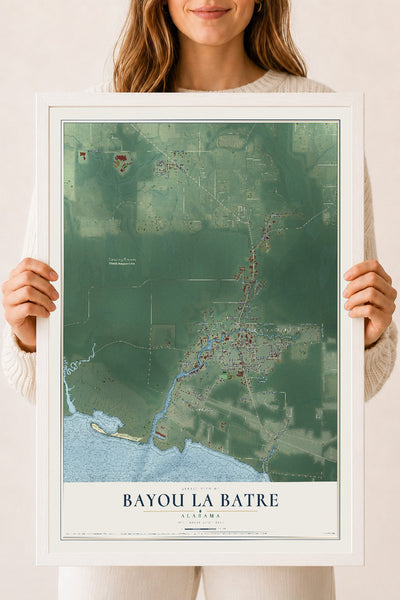 Map of Bayou La Batre, Alabama, 18 x 24 inch print in a white wood frame