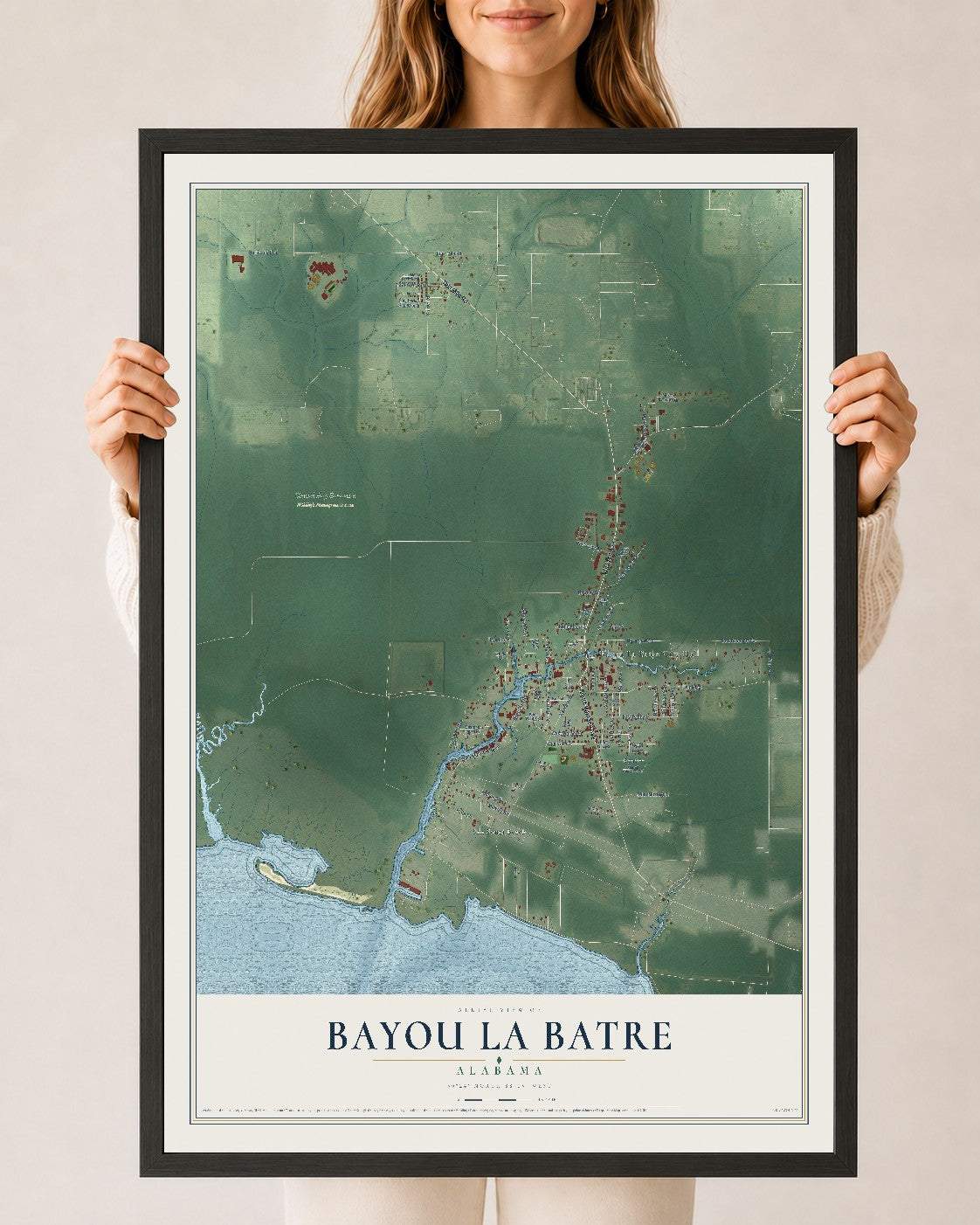 Map of Bayou La Batre, Alabama, 24 x 36 inch print in a black wood frame