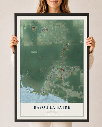 Map of Bayou La Batre, Alabama, 24 x 36 inch print in a black wood frame