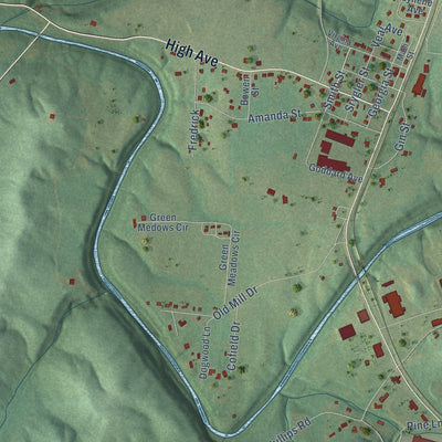Second close-up of the map of Bear Creek, Alabama print showing more streets and buildings