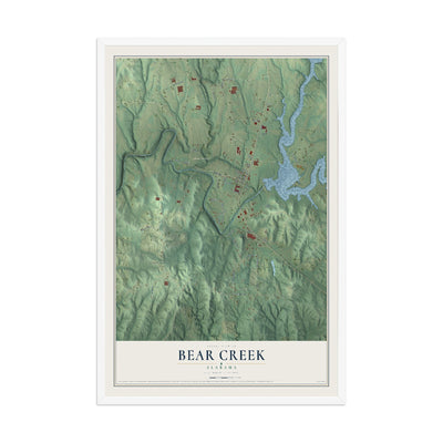 Map of Bear Creek, Alabama, 12 x 18 inch print in a white wood frame