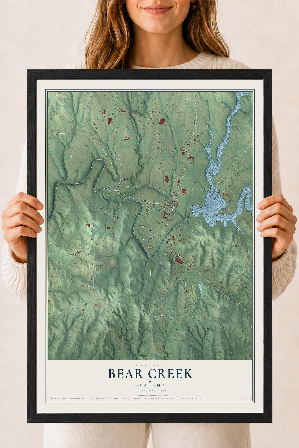 Map of Bear Creek, Alabama, 18 x 24 inch print in a black wood frame