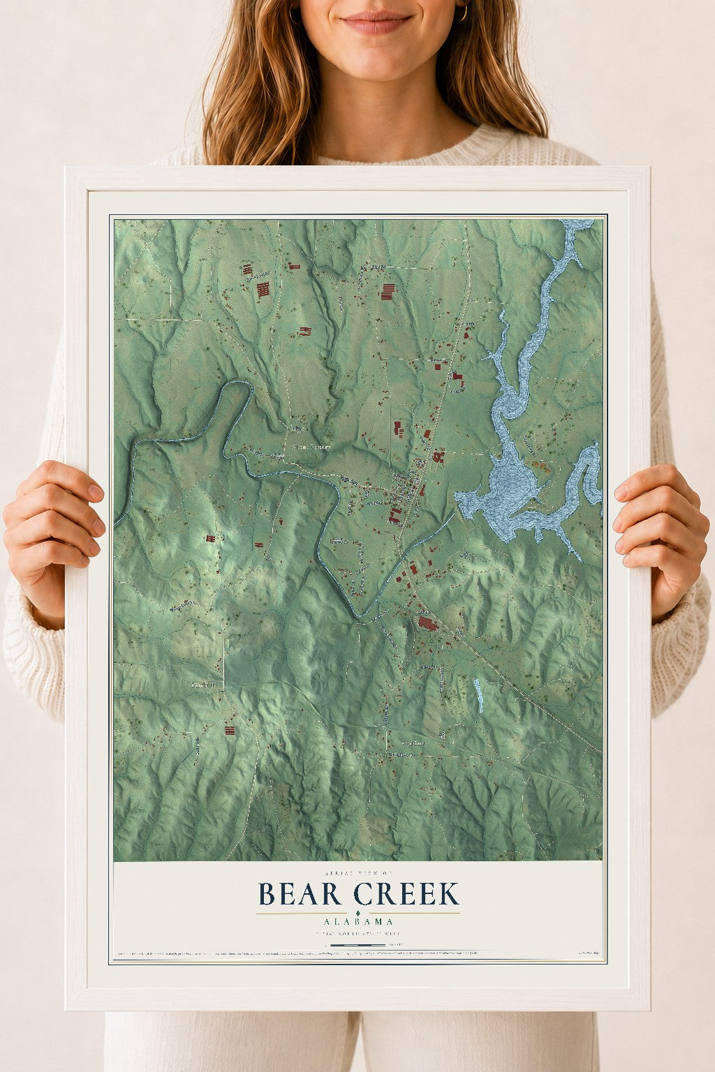 Map of Bear Creek, Alabama, 18 x 24 inch print in a white wood frame