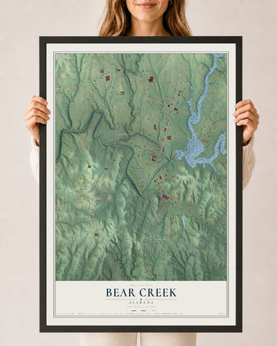 Map of Bear Creek, Alabama, 24 x 36 inch print in a black wood frame