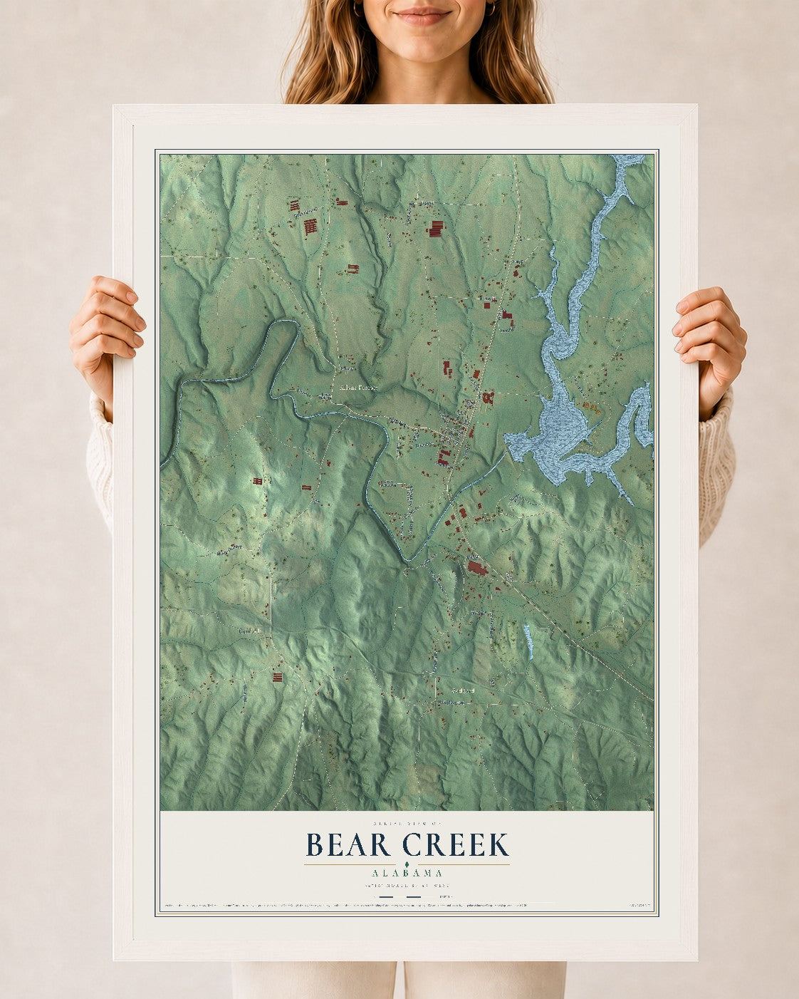 Map of Bear Creek, Alabama, 24 x 36 inch print in a white wood frame