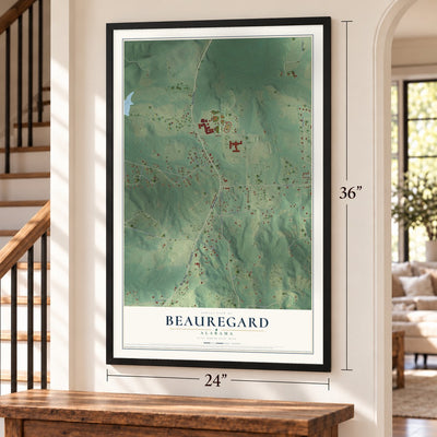 Beauregard, Alabama map, 24 x 36 inch print in a black frame by a staircase