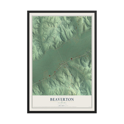 Map of Beaverton, Alabama, 12 x 18 inch print in a black wood frame