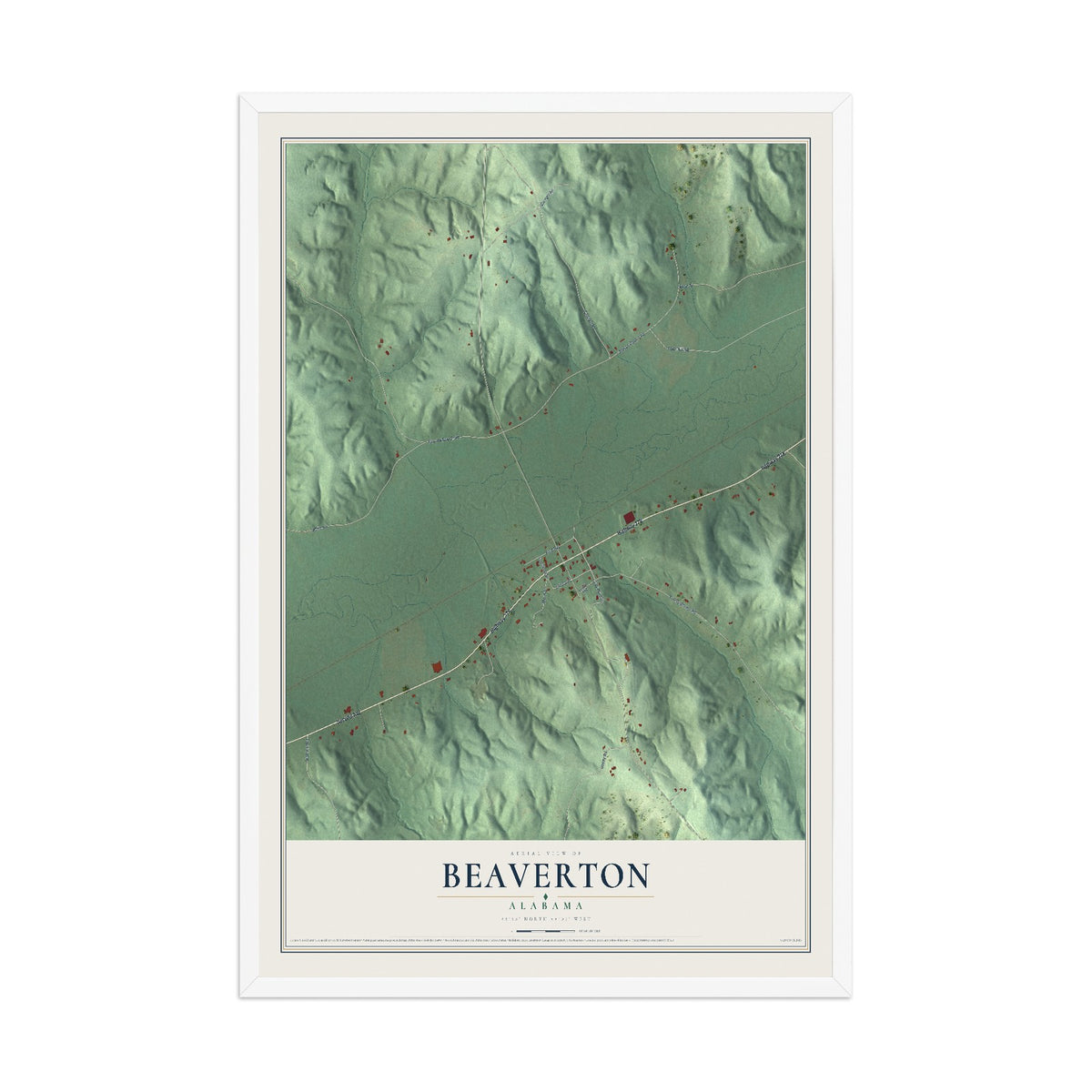 Map of Beaverton, Alabama, 12 x 18 inch print in a white wood frame
