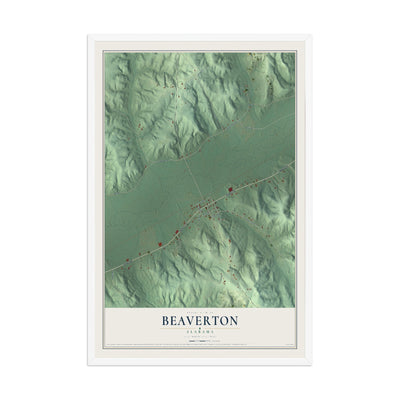 Map of Beaverton, Alabama, 12 x 18 inch print in a white wood frame