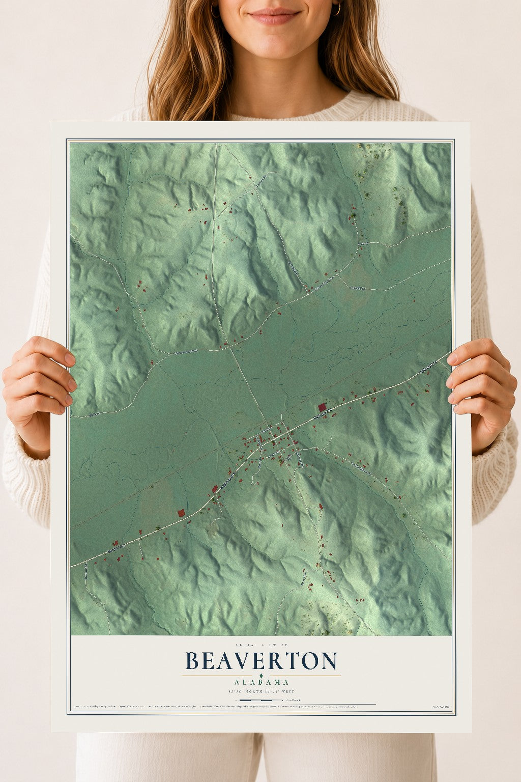 Map of Beaverton, Alabama, 18 x 24 inch unframed archival matte print
