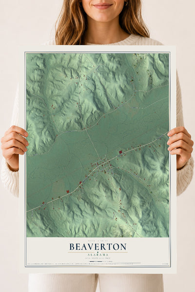 Map of Beaverton, Alabama, 18 x 24 inch unframed archival matte print