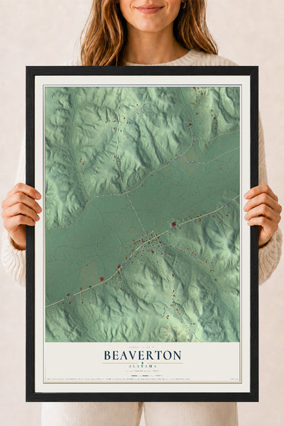 Map of Beaverton, Alabama, 18 x 24 inch print in a black wood frame