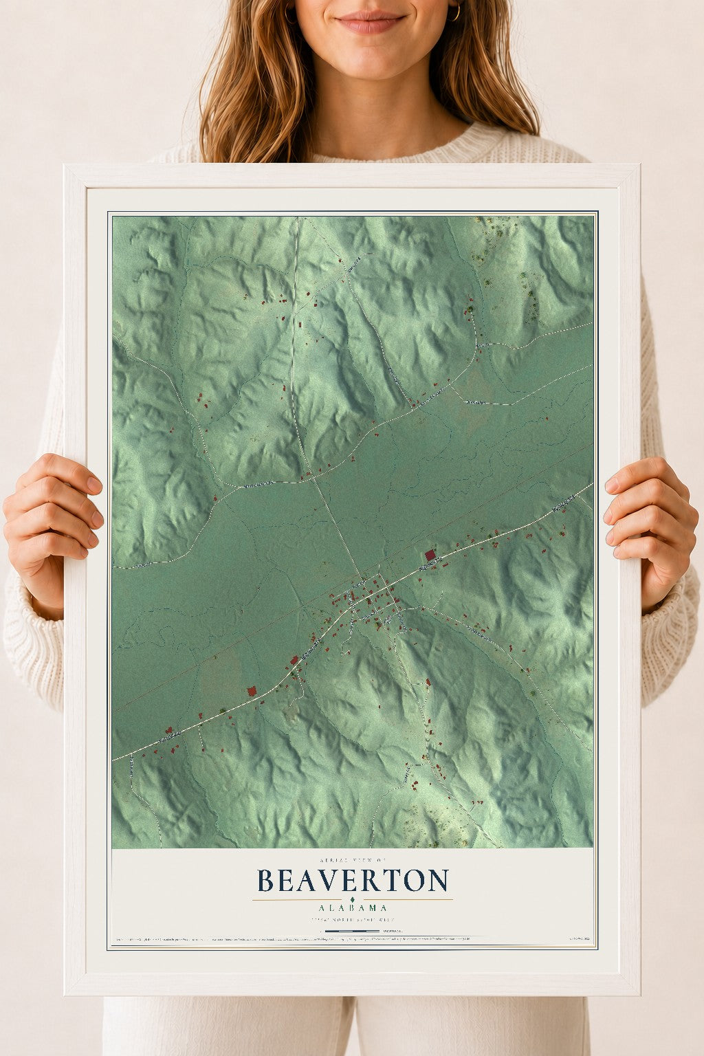 Map of Beaverton, Alabama, 18 x 24 inch print in a white wood frame
