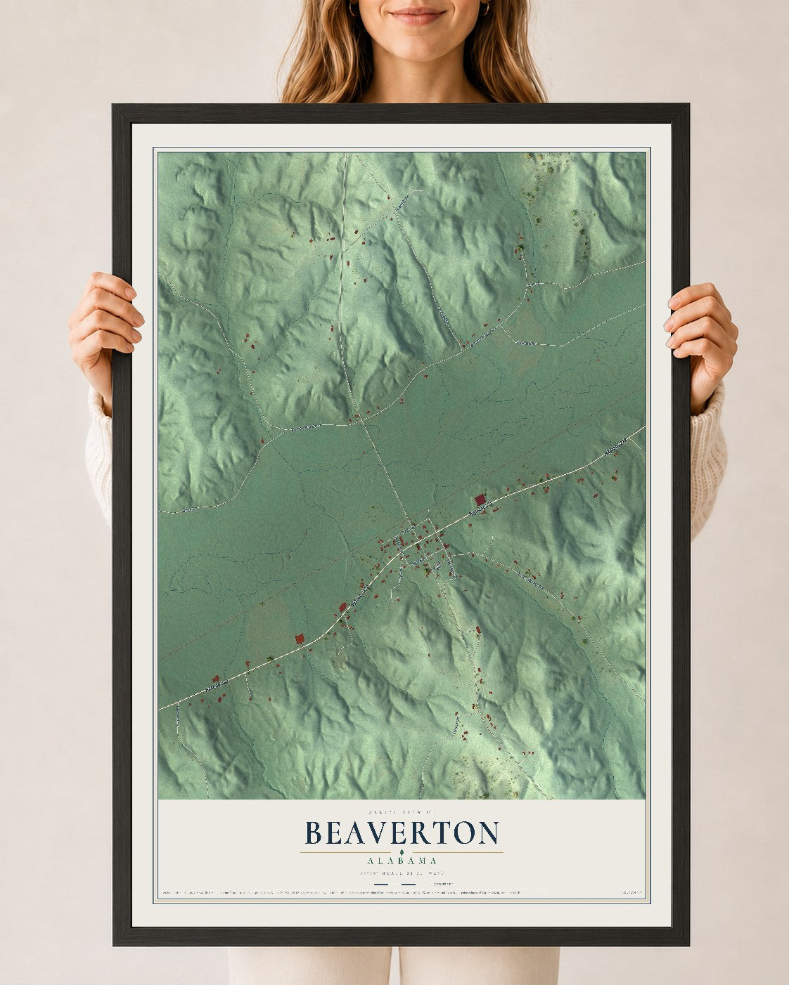 Map of Beaverton, Alabama, 24 x 36 inch print in a black wood frame