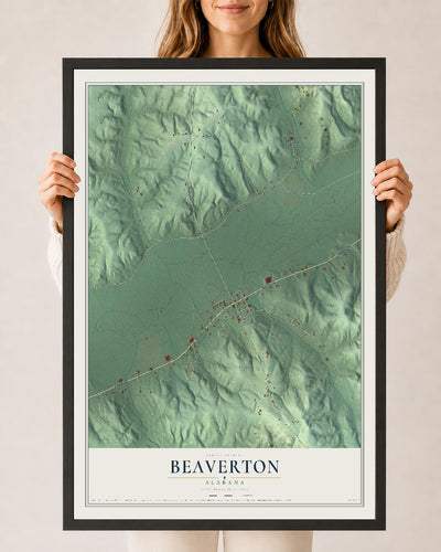 Map of Beaverton, Alabama, 24 x 36 inch print in a black wood frame
