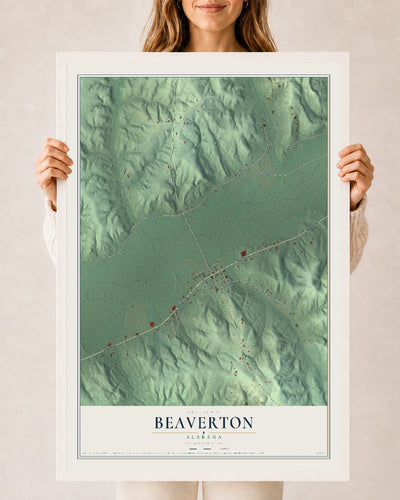 Map of Beaverton, Alabama, 24 x 36 inch print in a white wood frame