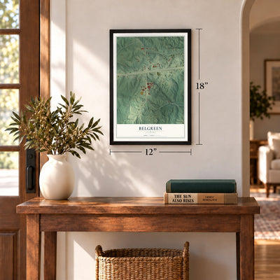 Belgreen, Alabama map, 12 x 18 inch print in a black frame in an entryway
