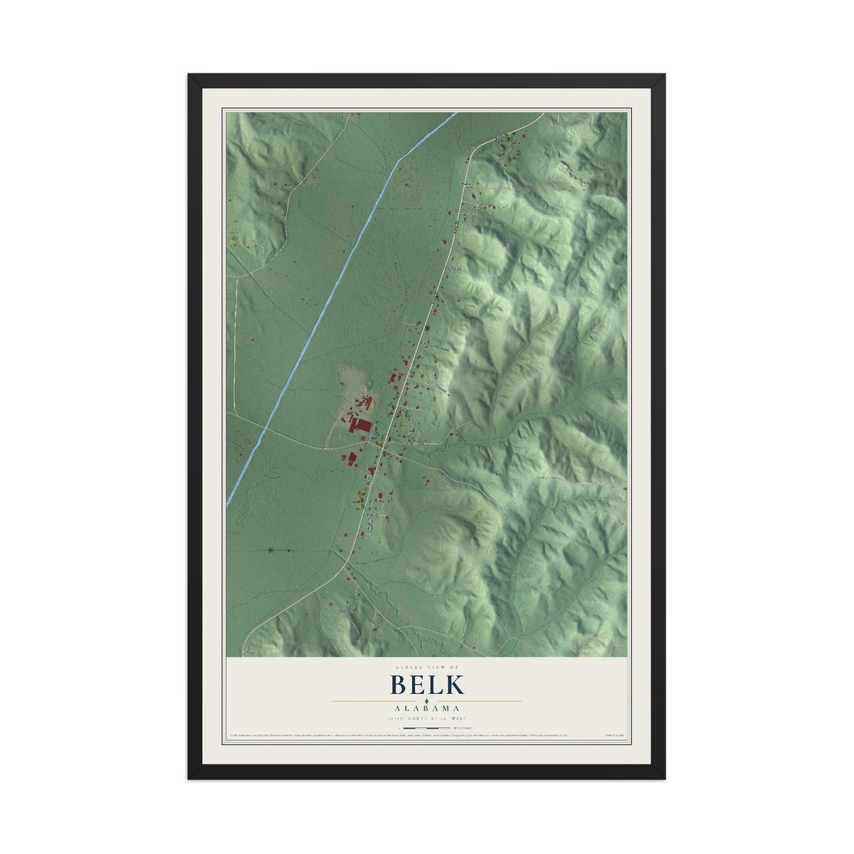 Map of Belk, Alabama, 12 x 18 inch print in a black wood frame
