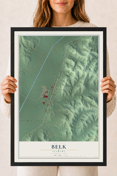 Map of Belk, Alabama, 18 x 24 inch print in a black wood frame