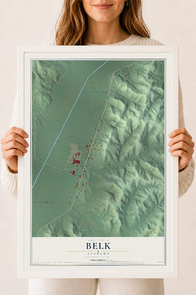 Map of Belk, Alabama, 18 x 24 inch print in a white wood frame