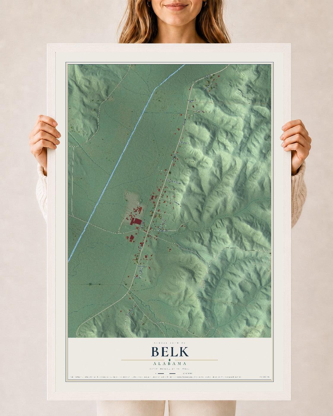 Map of Belk, Alabama, 24 x 36 inch print in a white wood frame