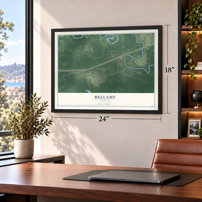 Bellamy, Alabama map, 18 x 24 inch print in a black frame in a home office