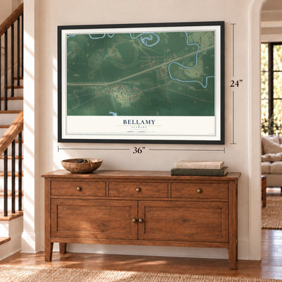 Bellamy, Alabama map, 24 x 36 inch print in a black frame above a dresser by a staircase