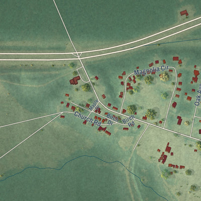 Close-up of the map of Bellamy, Alabama print showing street and building detail