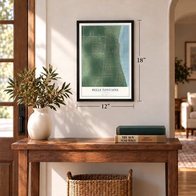 Belle Fontaine, Alabama map, 12 x 18 inch print in a black frame in an entryway