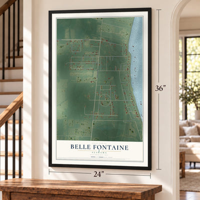 Belle Fontaine, Alabama map, 24 x 36 inch print in a black frame by a staircase