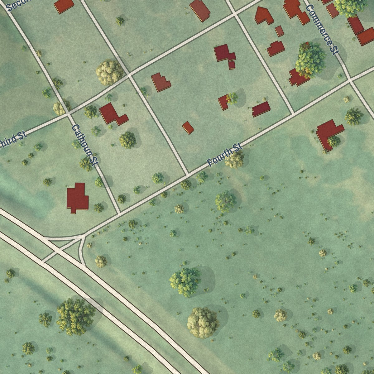 Close-up of the map of Benton, Alabama print showing street and building detail