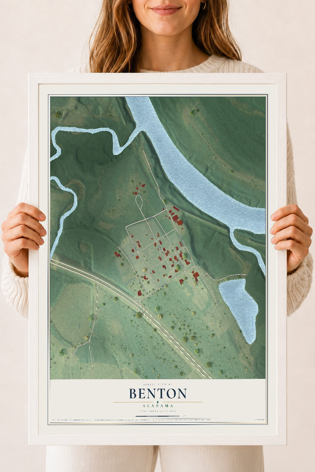 Map of Benton, Alabama, 18 x 24 inch print in a white wood frame