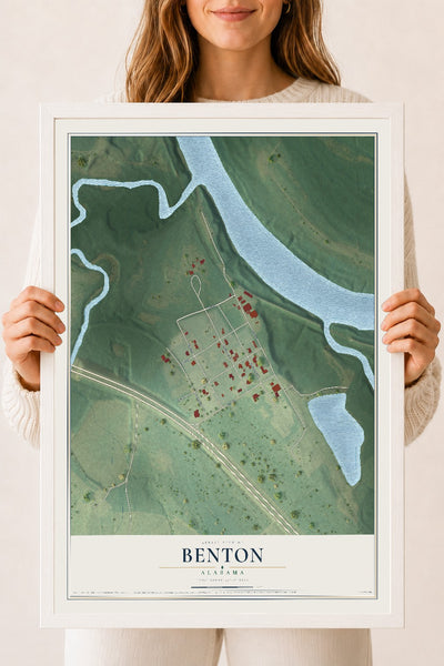Map of Benton, Alabama, 18 x 24 inch print in a white wood frame