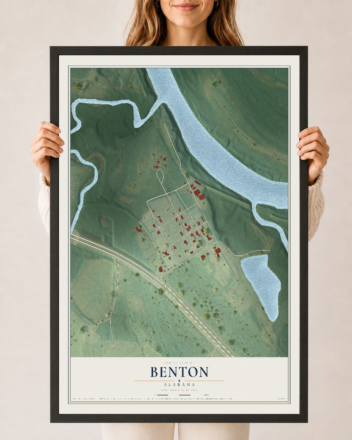 Map of Benton, Alabama, 24 x 36 inch print in a black wood frame