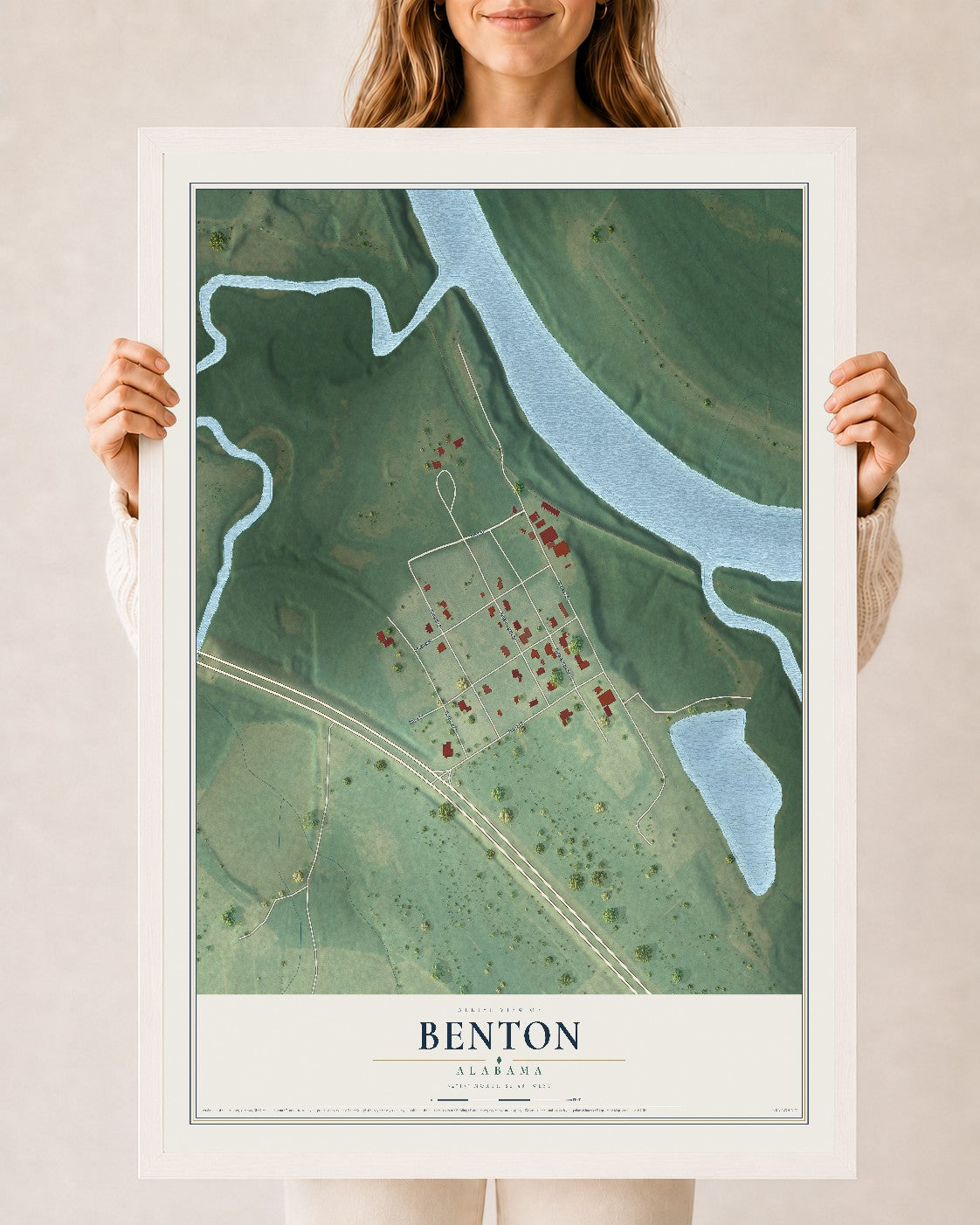 Map of Benton, Alabama, 24 x 36 inch print in a white wood frame