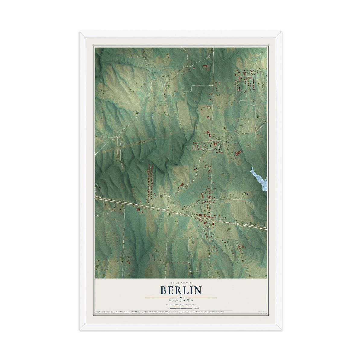 Map of Berlin, Alabama, 12 x 18 inch print in a white wood frame