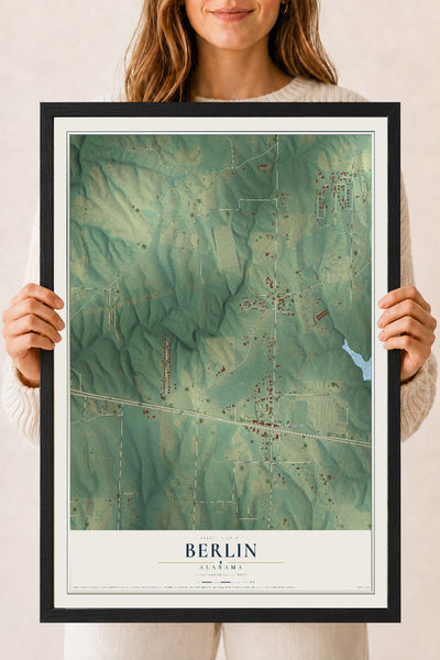 Map of Berlin, Alabama, 18 x 24 inch print in a black wood frame