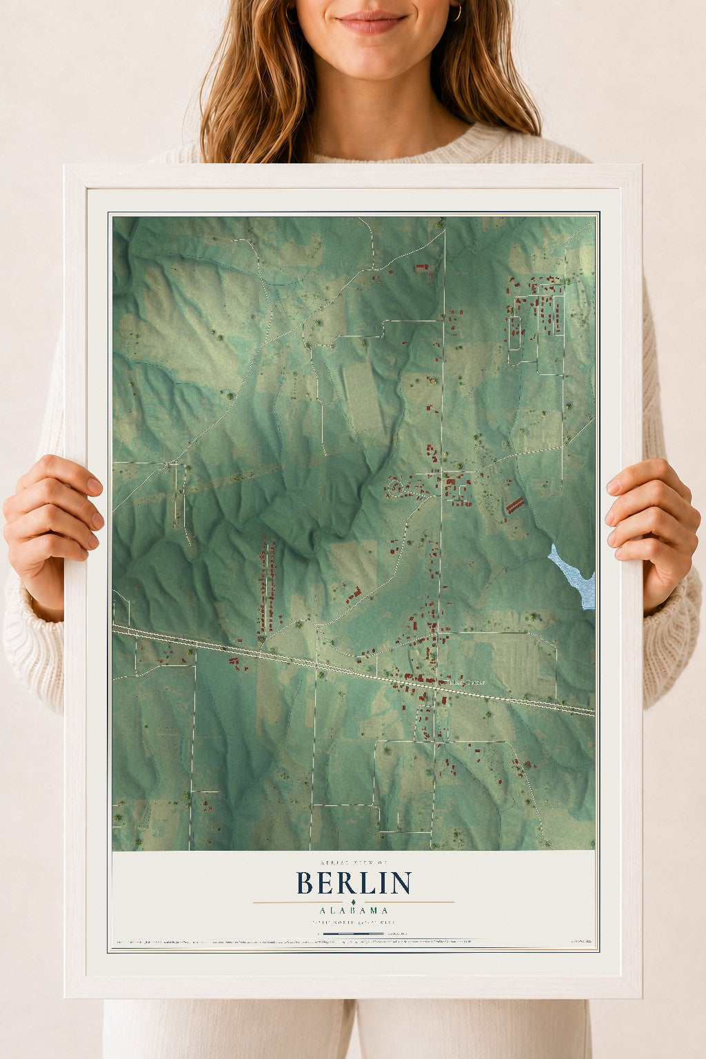 Map of Berlin, Alabama, 18 x 24 inch print in a white wood frame