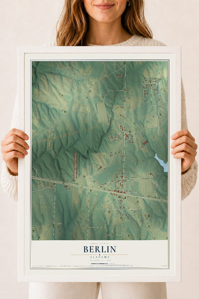 Map of Berlin, Alabama, 18 x 24 inch print in a white wood frame