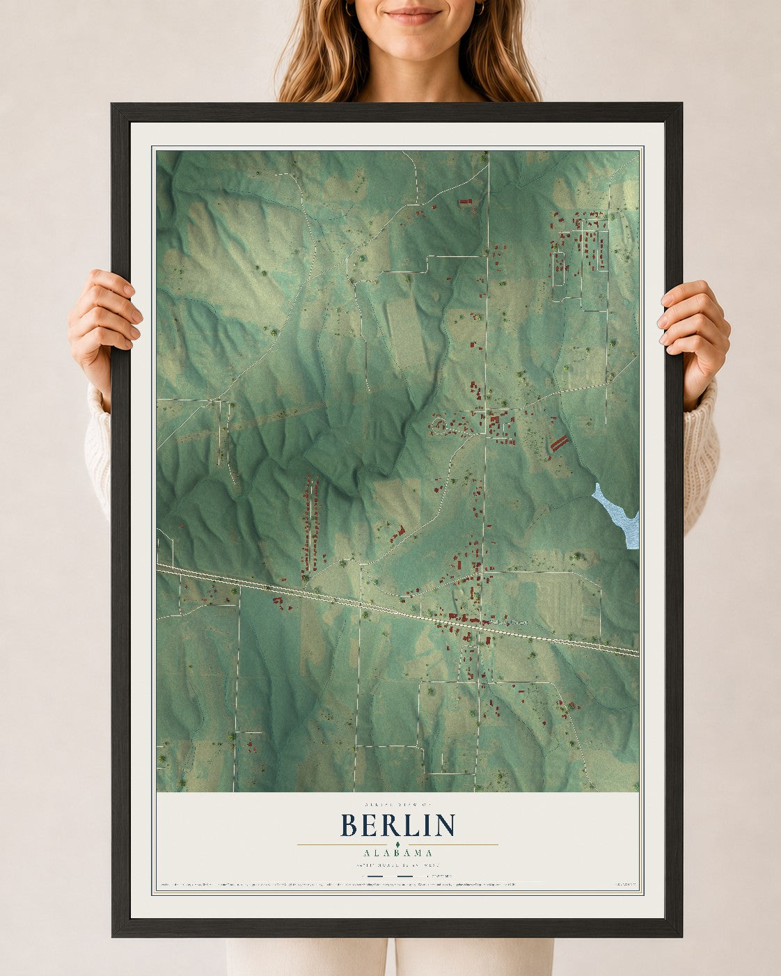 Map of Berlin, Alabama, 24 x 36 inch print in a black wood frame