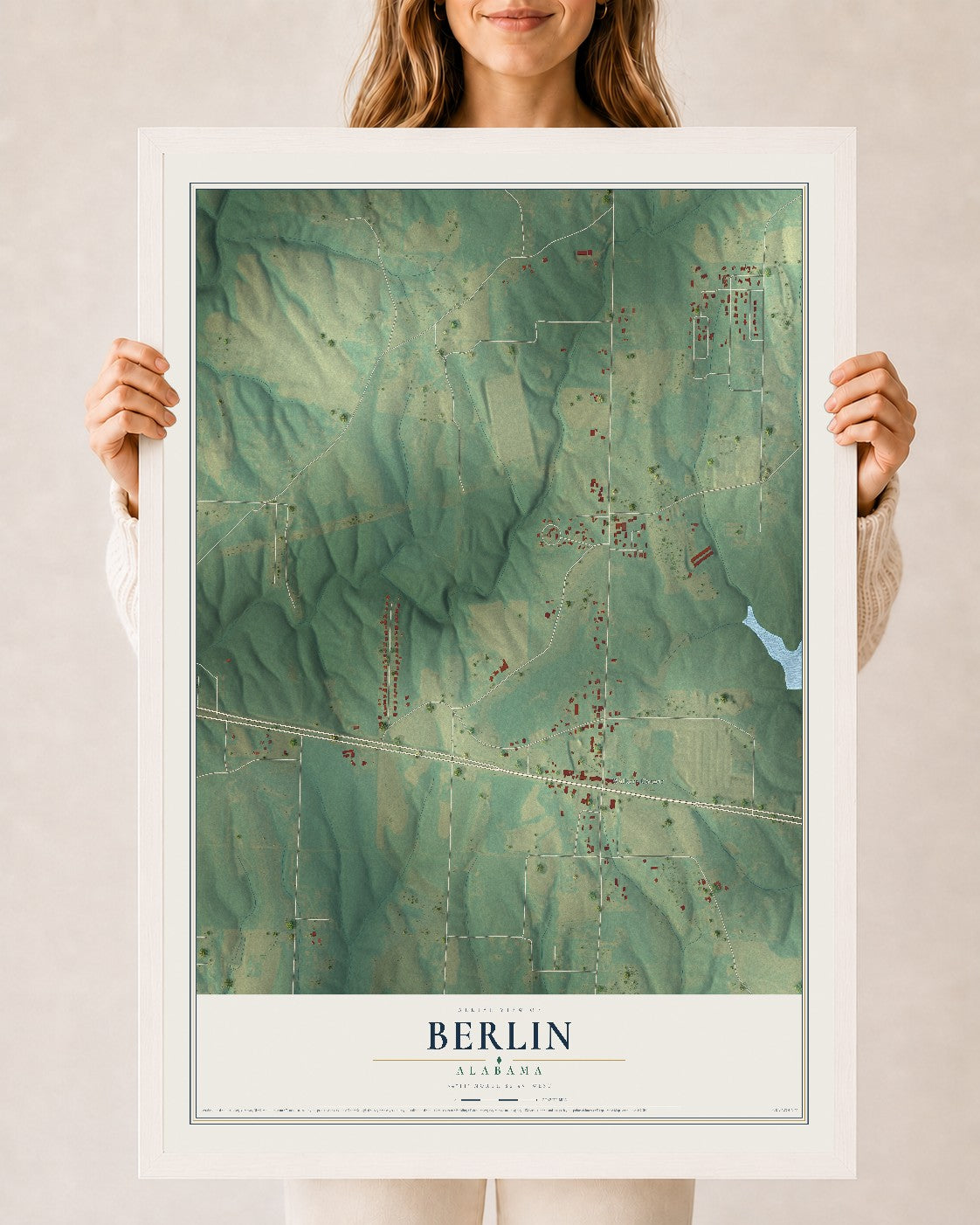 Map of Berlin, Alabama, 24 x 36 inch print in a white wood frame