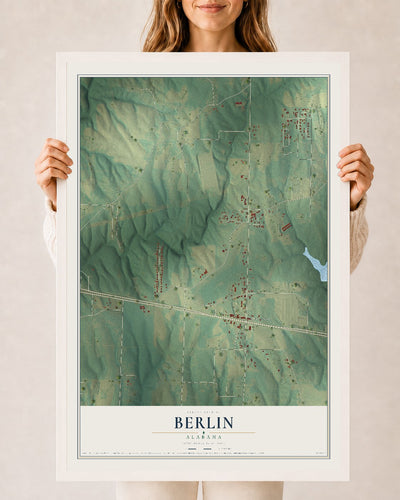 Map of Berlin, Alabama, 24 x 36 inch print in a white wood frame